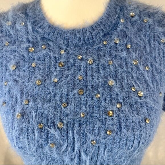 Emerson Lang young contemporary fuzzy faux fur winter blue sweater medium NWOT - Picture 4 of 7